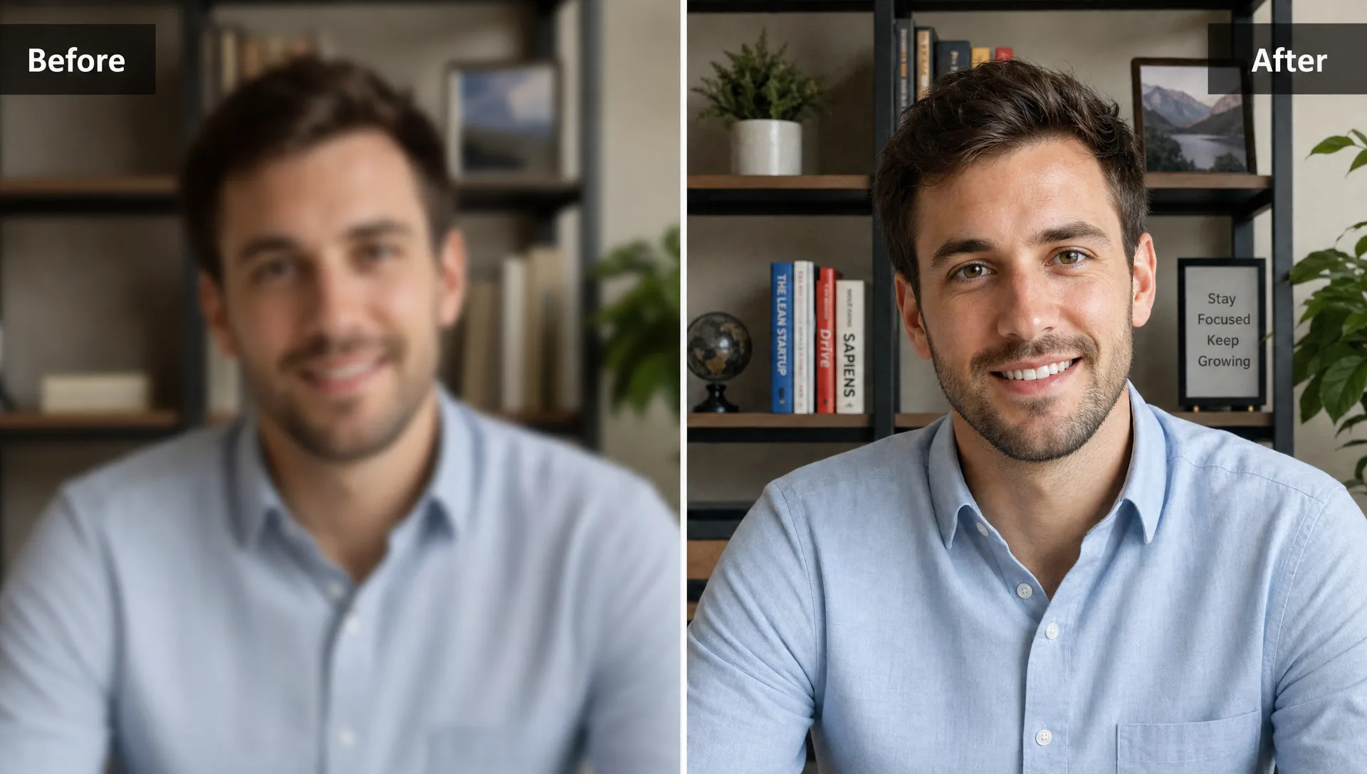 A before-and-after comparison shows a blurry portrait beside a clearer enhanced version with sharper facial detail and more readable background elements.