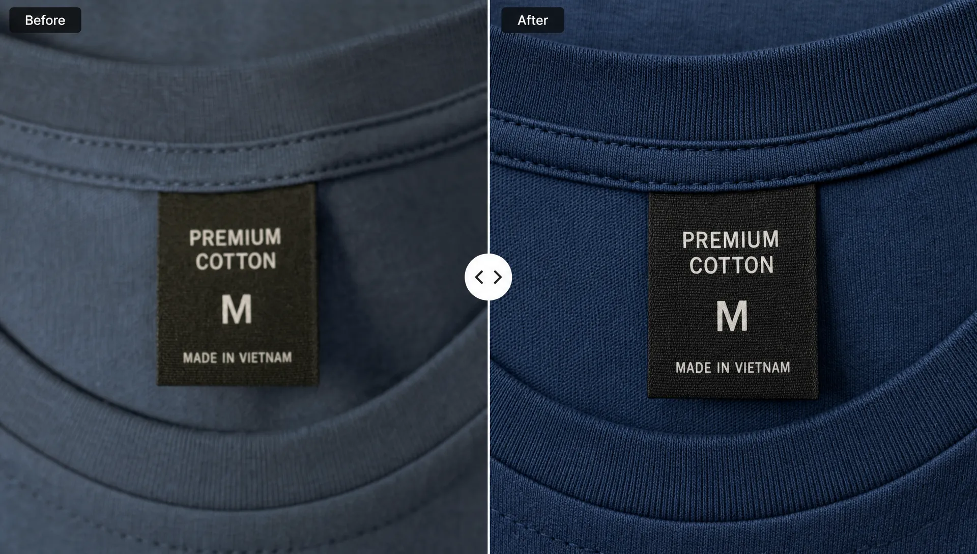 A close-up product photo comparison shows sharper fabric texture, cleaner edges and readable text after enhancement.