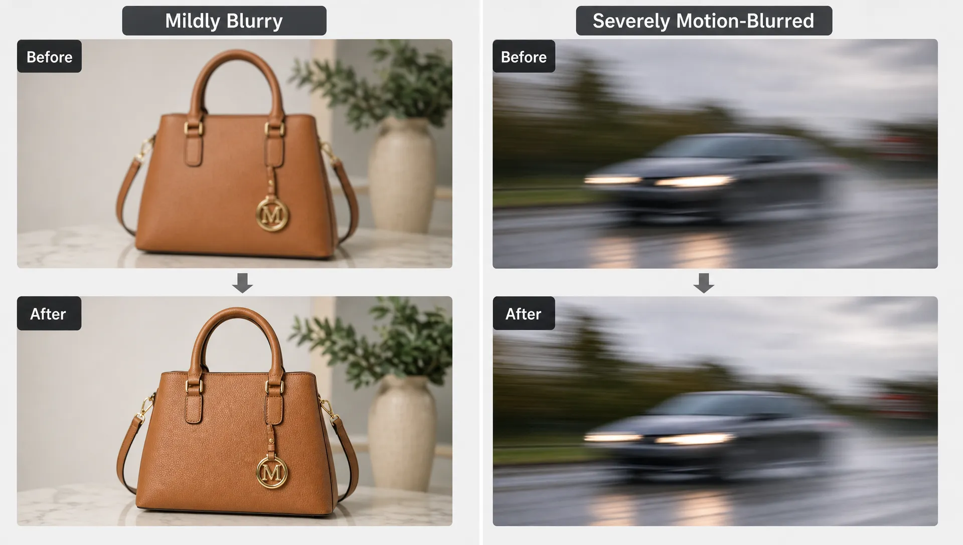 A comparison scene shows one mildly blurry product photo becoming sharper beside a severely motion-blurred photo that stays unclear after enhancement.