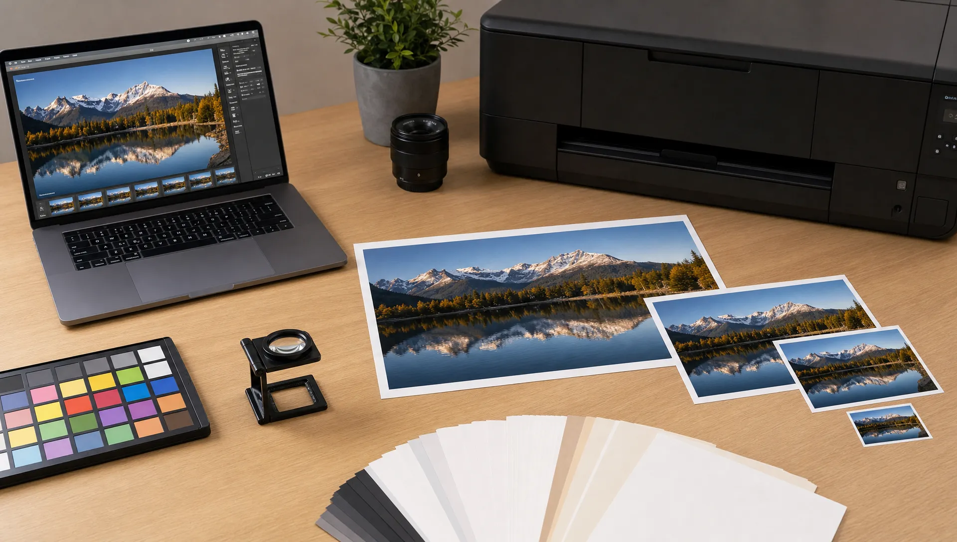 A desk with test prints of the same landscape photo at different sizes, a loupe, color swatches, and a laptop prepared for printing.