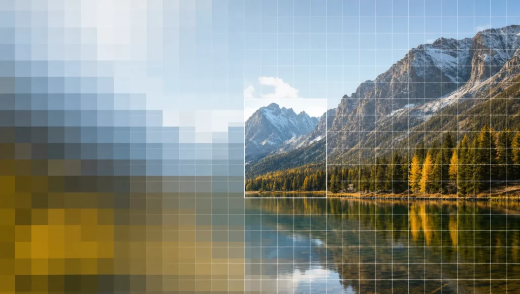 A grid of blurry blocks gradually becomes sharper, suggesting AI image enhancement and higher resolution.