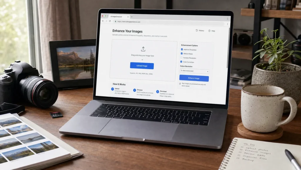 A laptop in a home workspace shows an online image sharpener beside a camera and memory card.