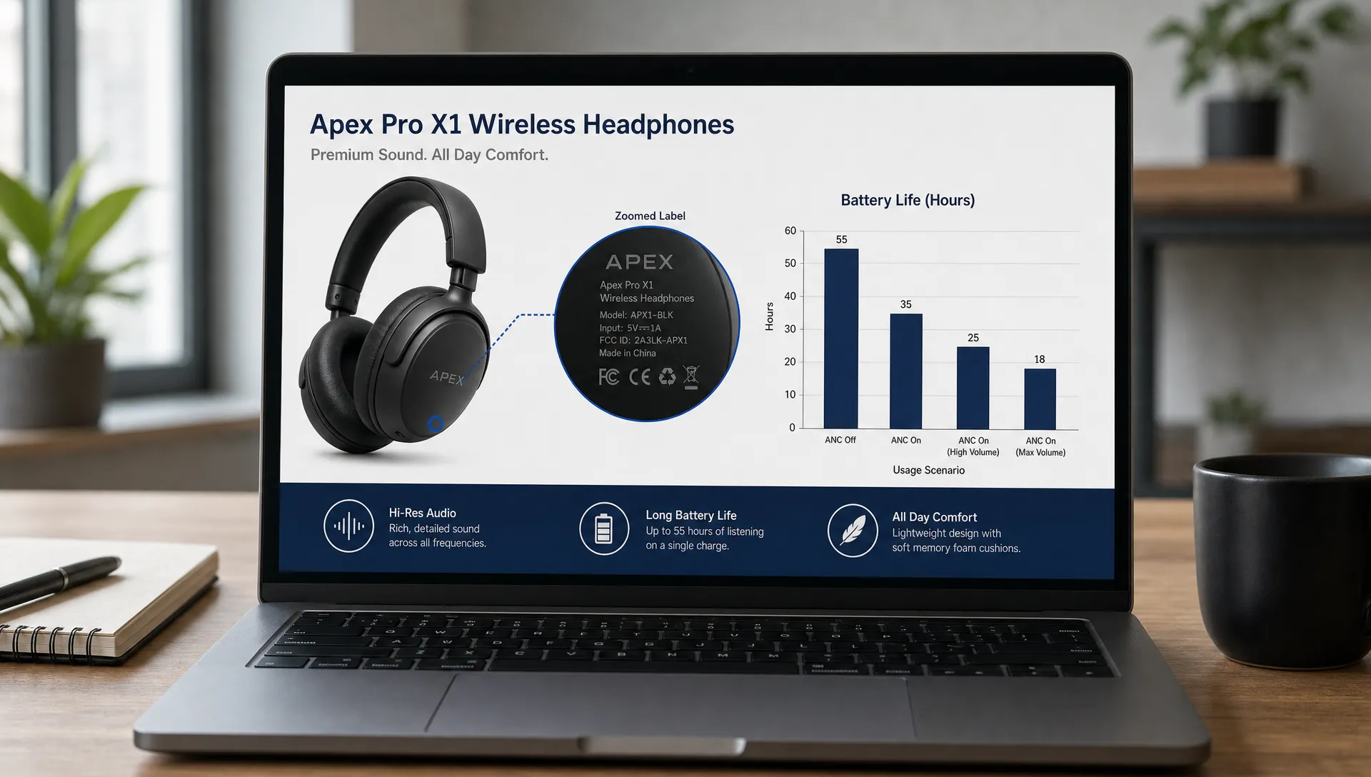 A laptop shows a presentation slide with a sharp product image, a zoomed label callout and a chart with readable axis labels.