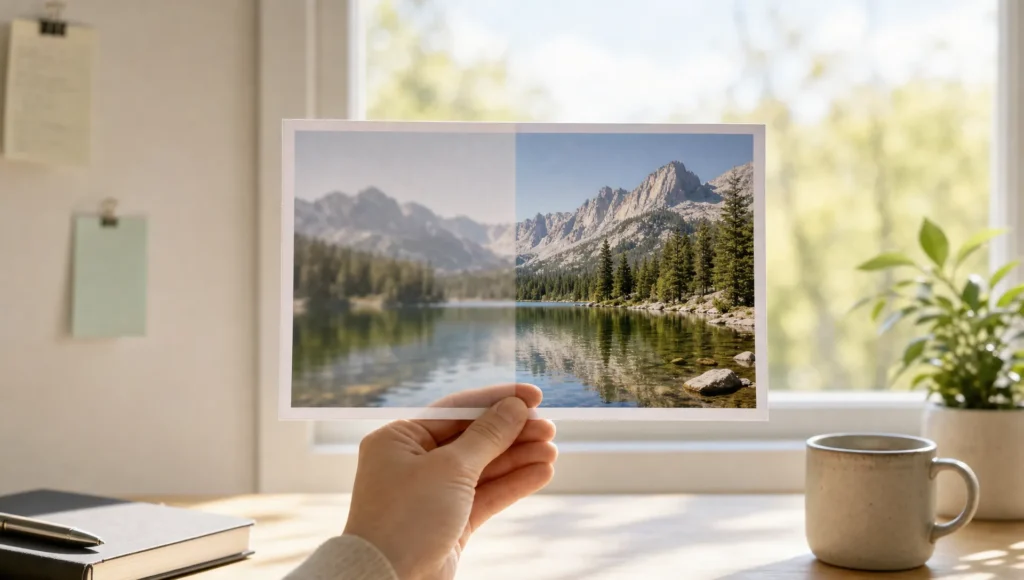 A paper photo held by a window shows a soft side and a clearer side after enhancement.