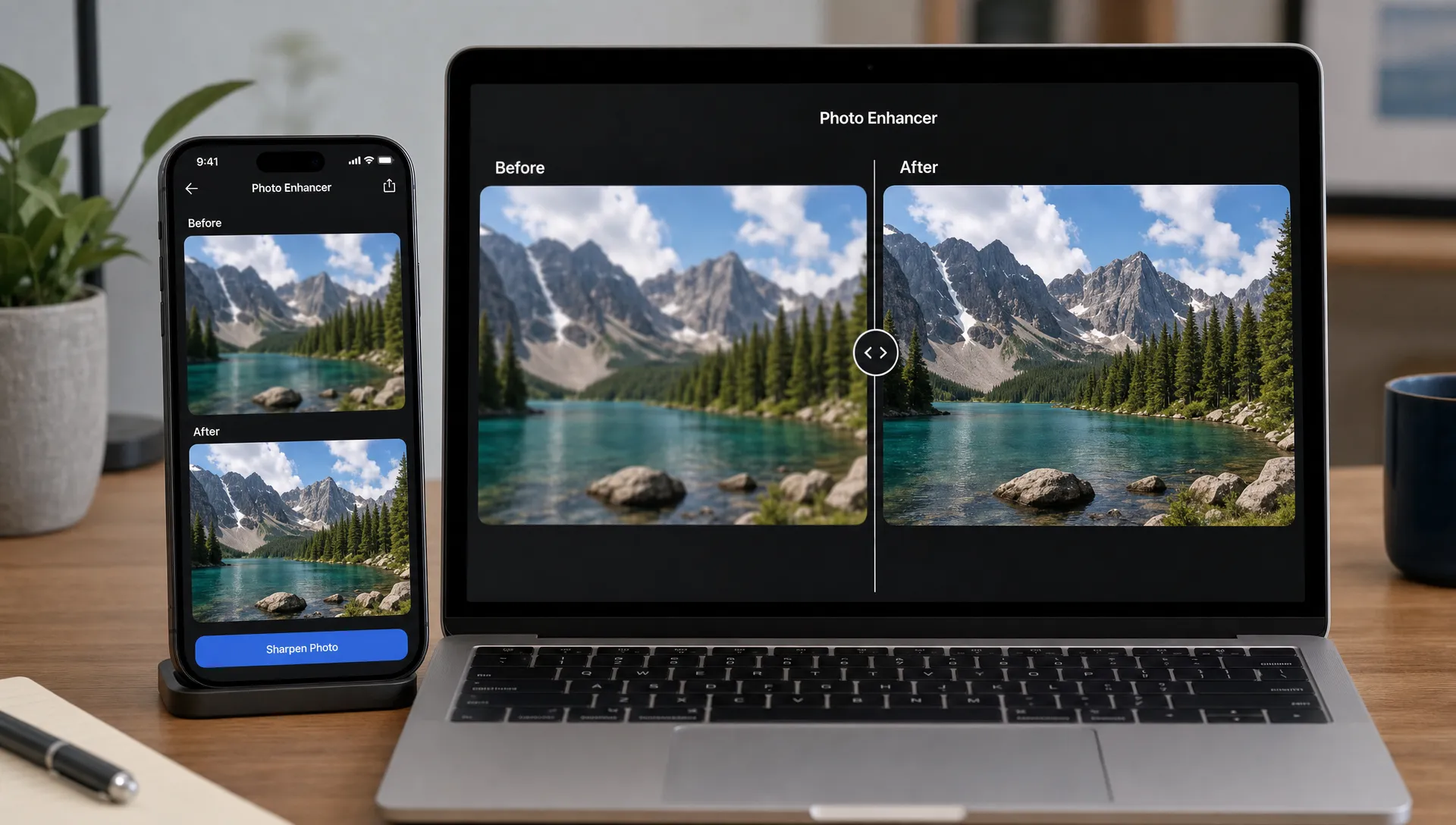 A phone and laptop on a desk show the same photo before and after sharpening, with the clearer version revealing more detail.