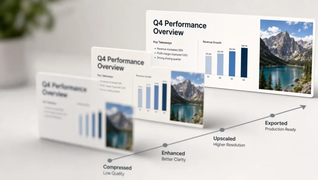 A row of slide cards moves from blurry to crisp, suggesting clearer text after image enhancement.