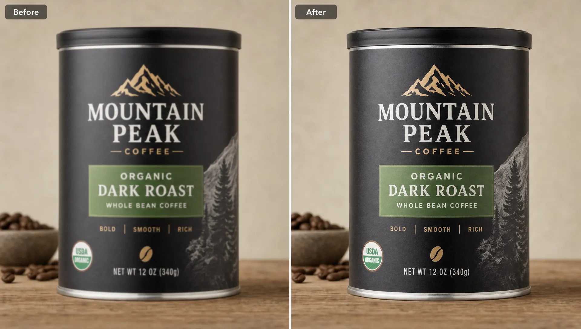 A side by side comparison shows a slightly blurry product photo and a clearer enhanced version with sharper label edges and packaging texture.