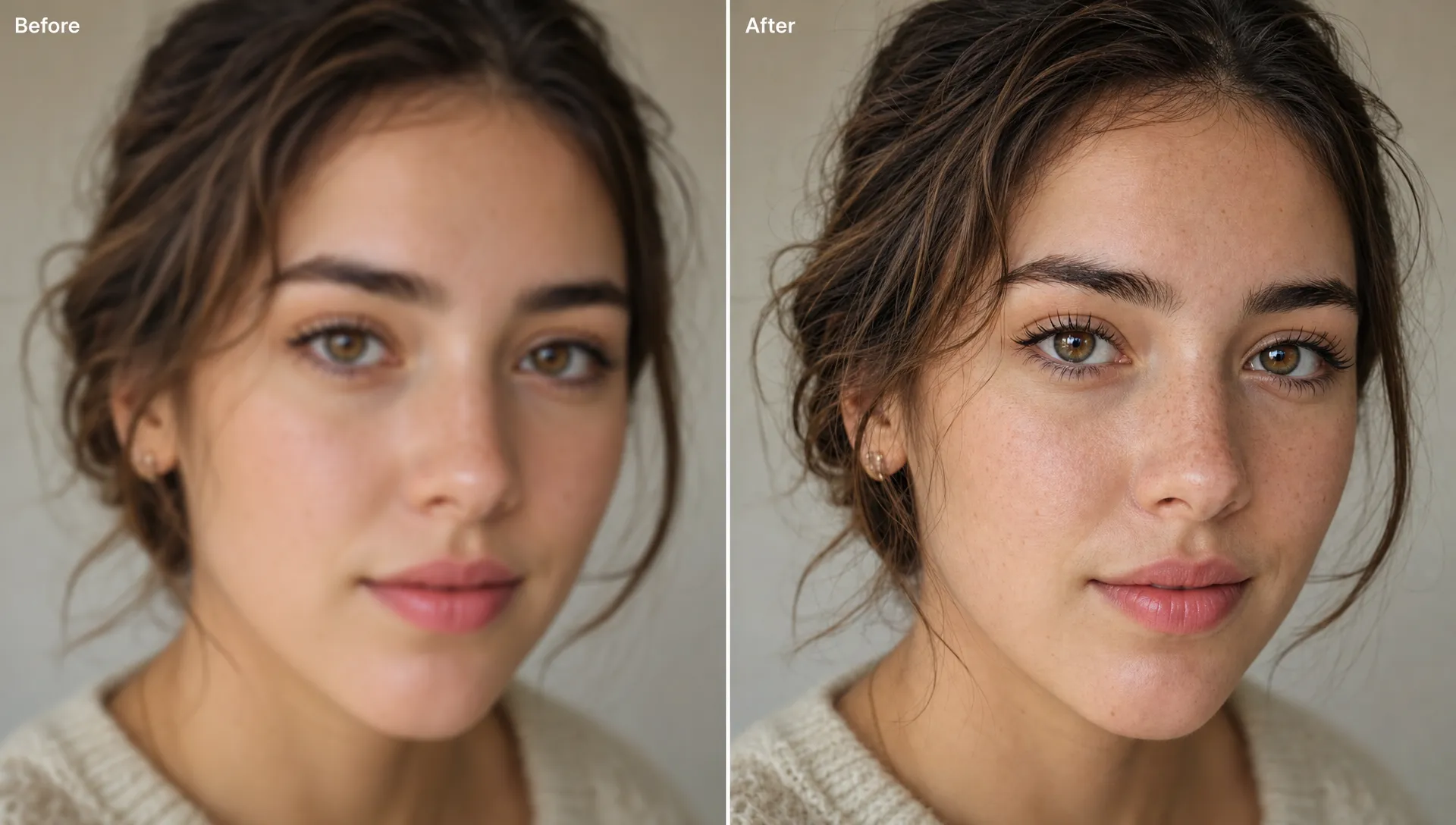 A side-by-side portrait comparison shows a softly blurry face and a clearer enhanced version with pores, freckles, eyelashes and fine hair texture preserved.