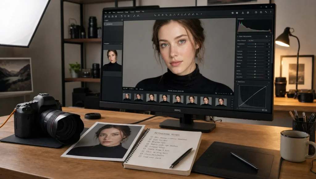 A small editing workspace shows a portrait preview on a monitor with a camera and reference print nearby.