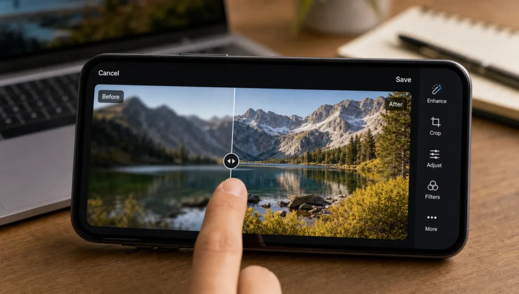 A smartphone shows a blurry photo beside a sharper version, illustrating image sharpening and before-and-after comparison.