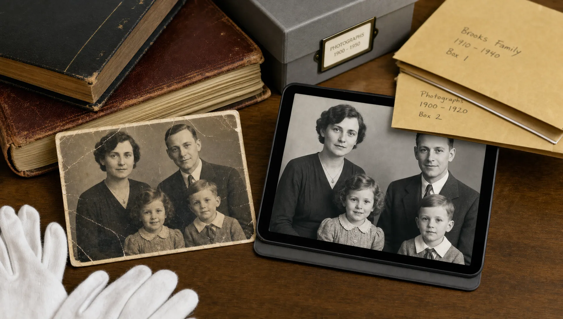 A vintage family photograph on a desk beside a sharper digital version on a tablet, with old photo albums, cotton gloves and labeled archival envelopes nearby.
