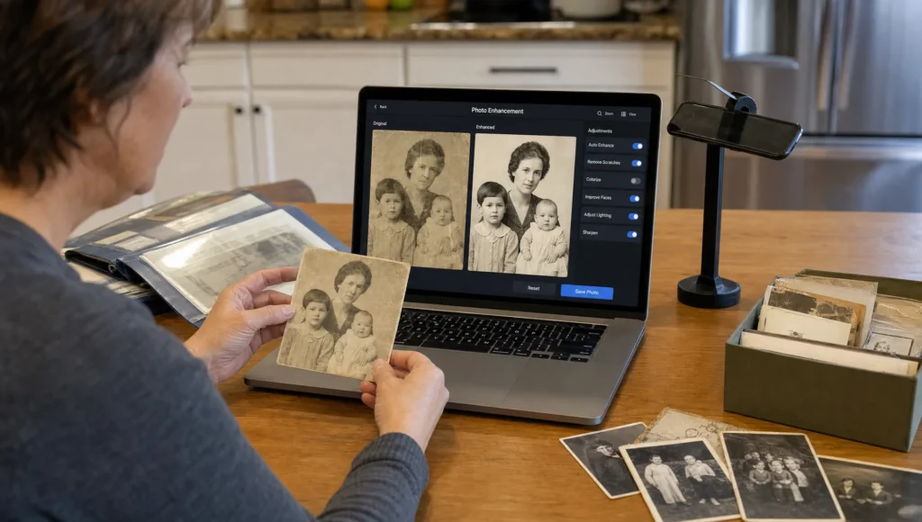 An adult compares a vintage family photo with its enhanced version on a laptop at a kitchen table.