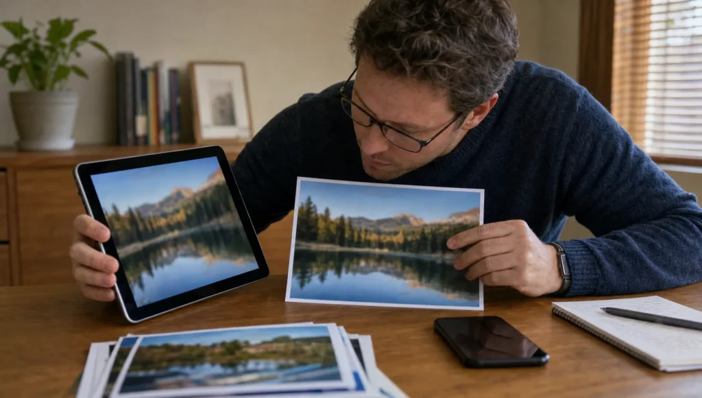 An adult compares two versions of the same photo at a table while checking edge clarity.