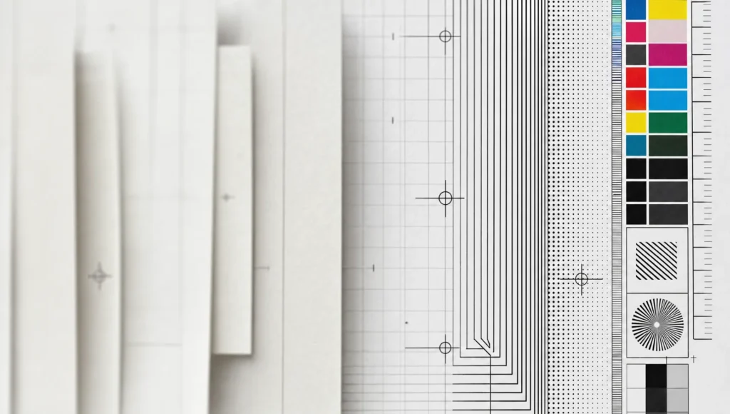 Layered crop marks and grid lines show a transition from soft detail to crisp print-ready clarity.