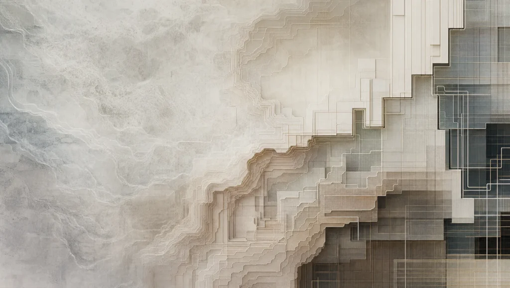 Layered edge lines and texture blocks tighten into clarity, evoking AI image sharpening.