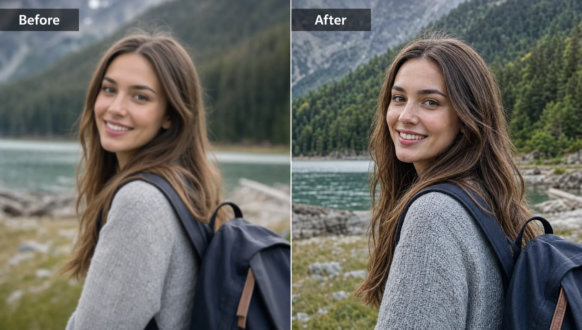 A before-and-after comparison shows the same photo first soft and low resolution, then clearer with sharper facial details and background texture.