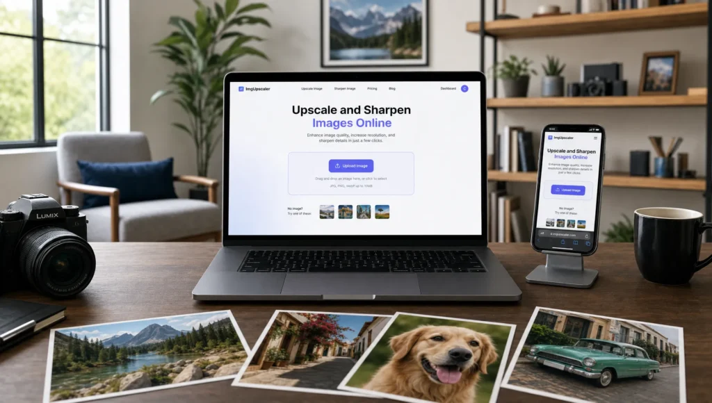 A bright editing workspace shows a laptop and phone ready for AI photo enhancement.