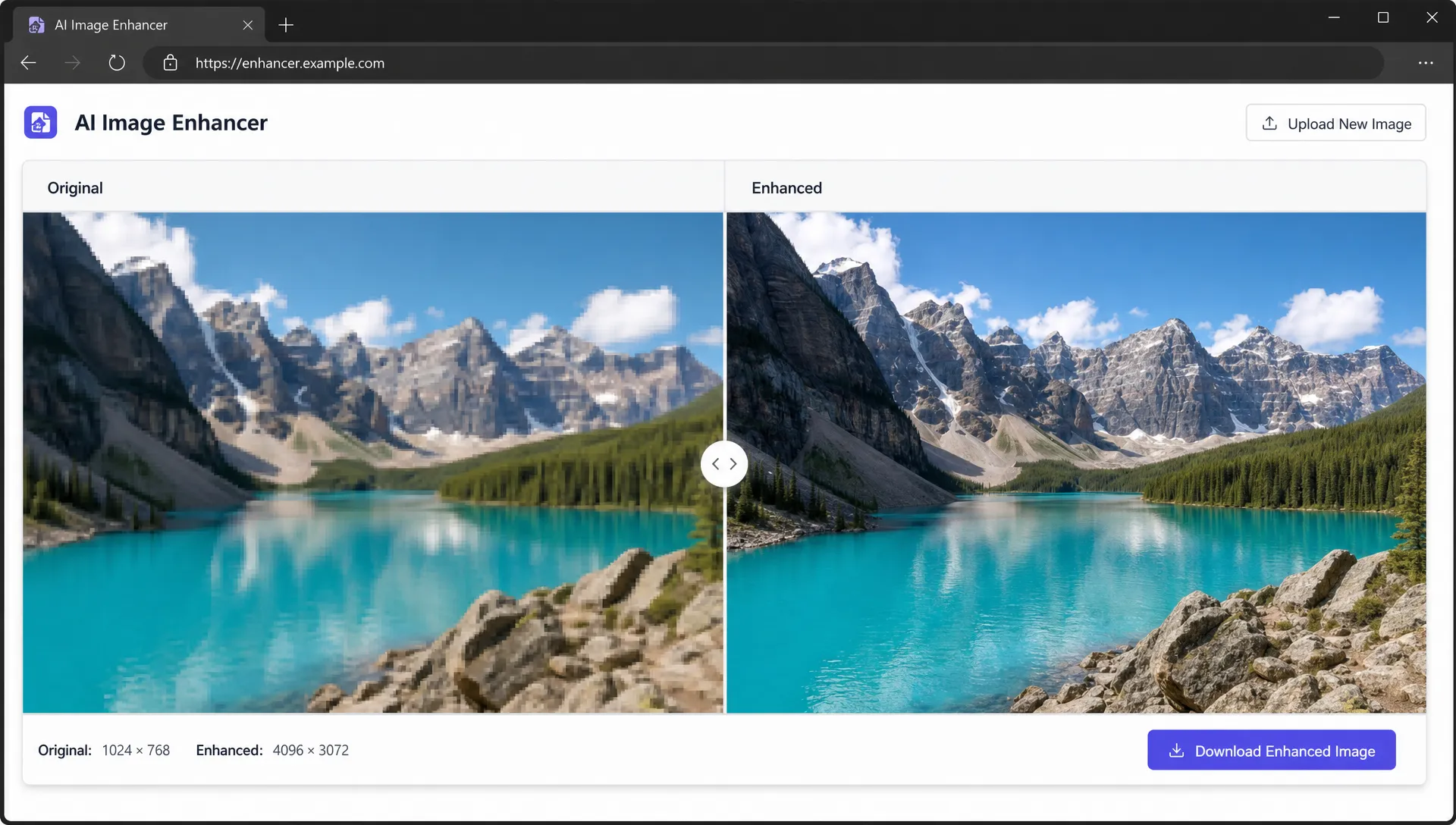 A browser preview shows a low-resolution photo being improved with an AI tool, with blocky areas reduced and cleaner edges in the comparison.