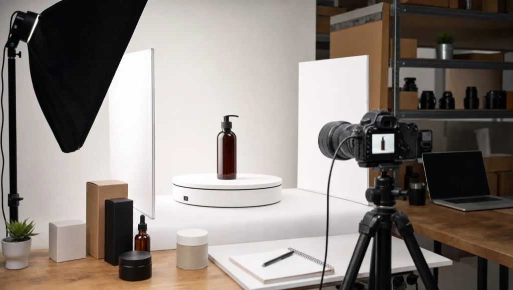 A compact product photography set shows the setup used to create clearer ecommerce images.
