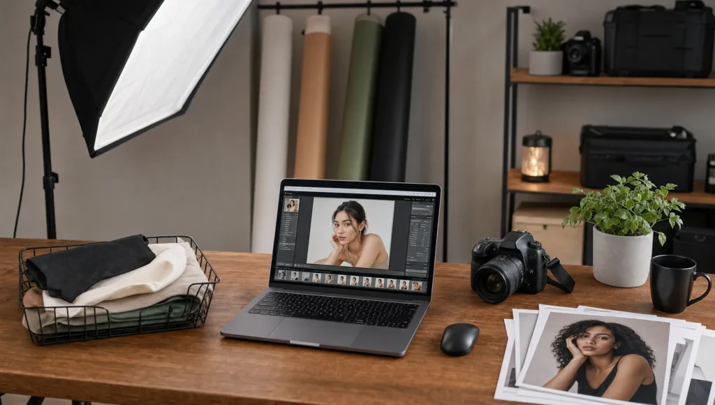 A content-creation workspace shows tools and photos ready to be sharpened for social media.