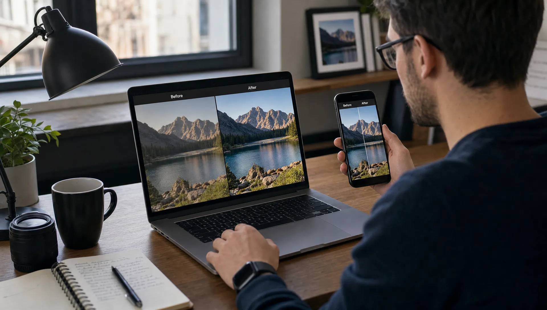 A designer reviews a before-and-after sharpened photo on a laptop and phone at a tidy desk before a deadline.