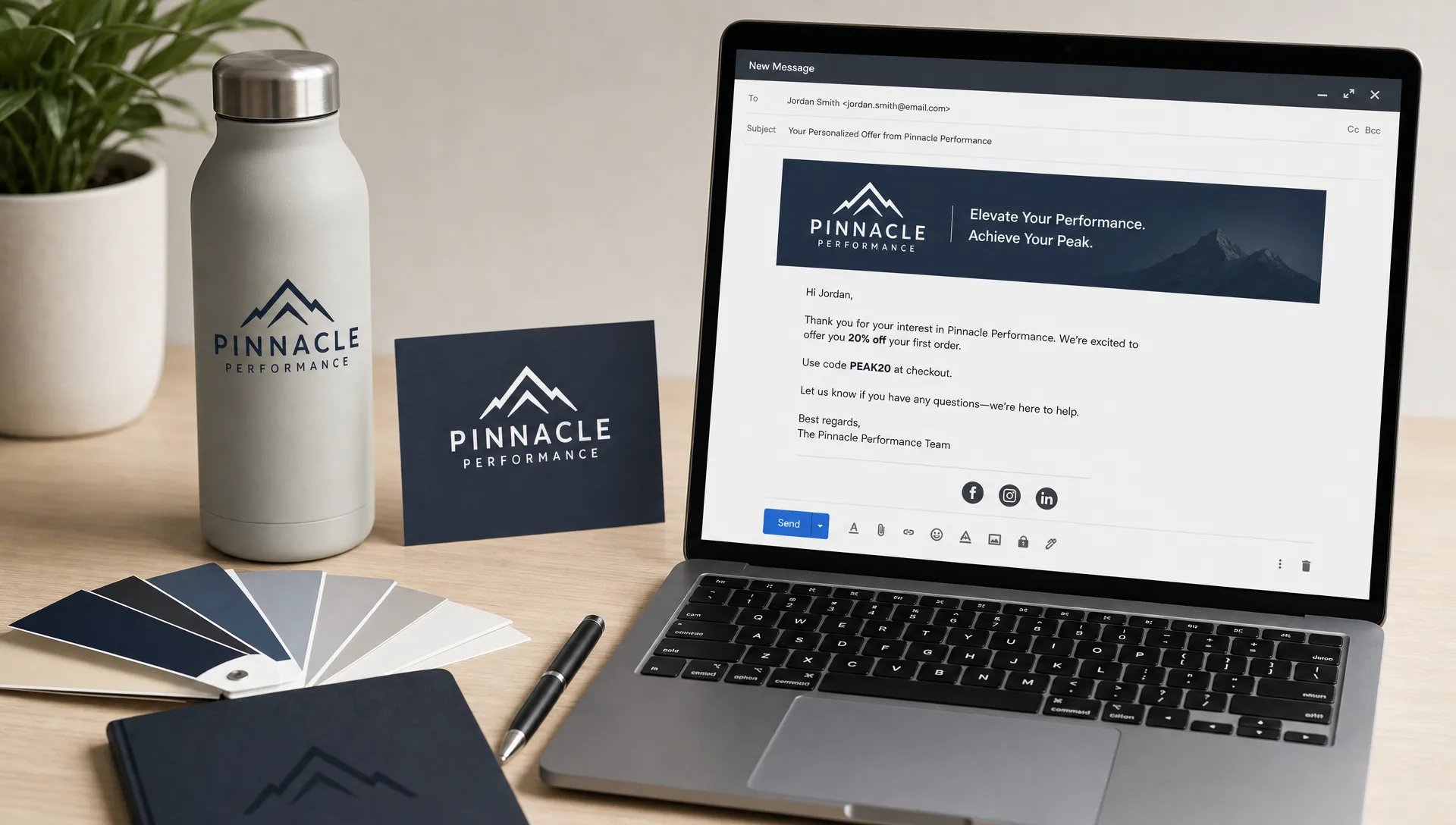 A desktop layout shows a sharpened product photo, a crisp logo, color swatches, and a laptop with an email preview ready for sending.