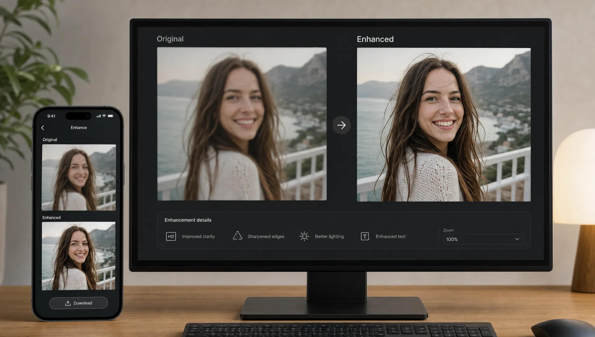 A desktop monitor and a phone show an original soft photo beside a clearer enhanced version, with close inspection of hair, text, and edges.