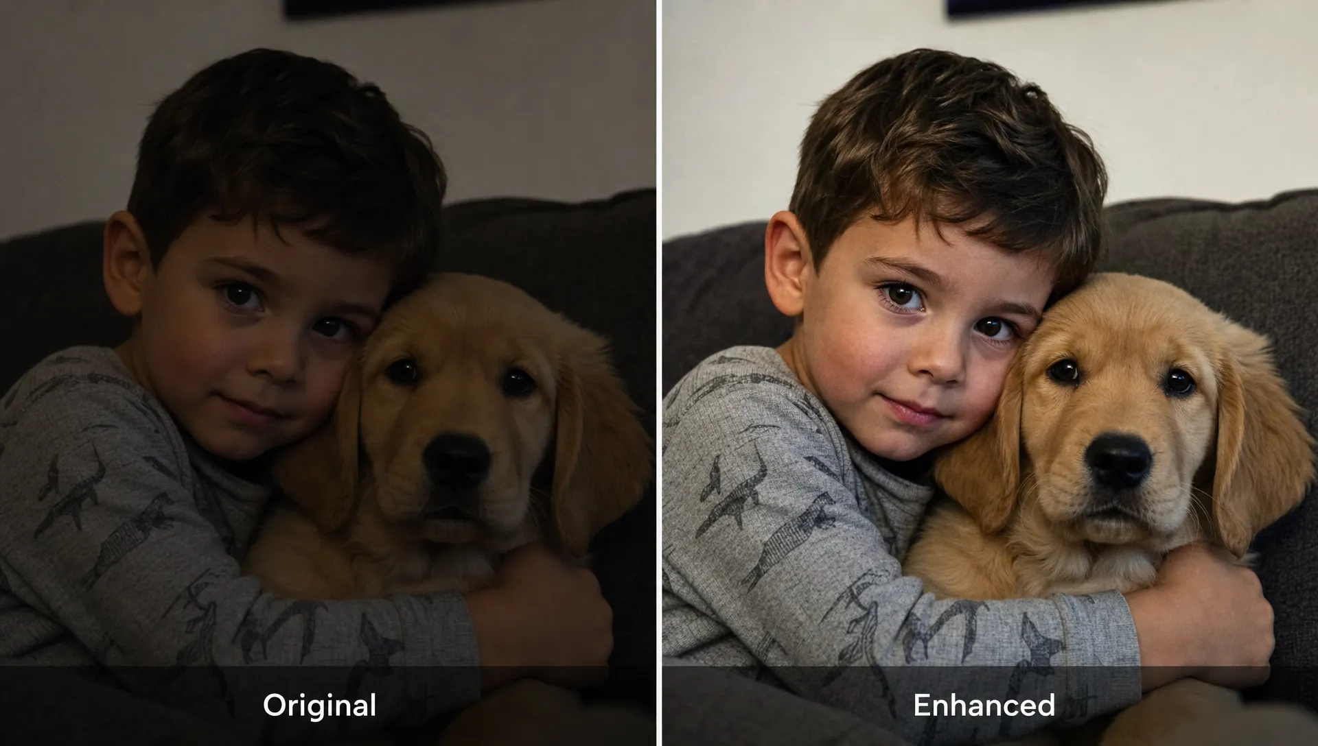 A dim indoor photo comparison shows the original dark and soft beside a clearer enhanced version.