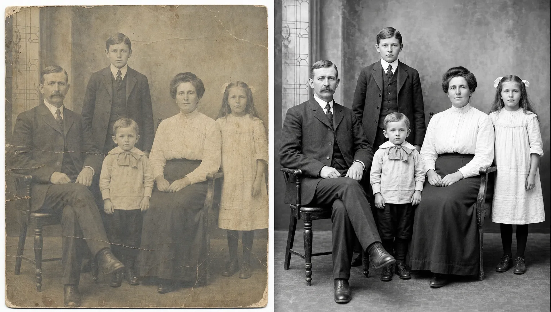 A faded family portrait sits beside a clearer restored version, showing sharpened faces, clothing details and background texture.