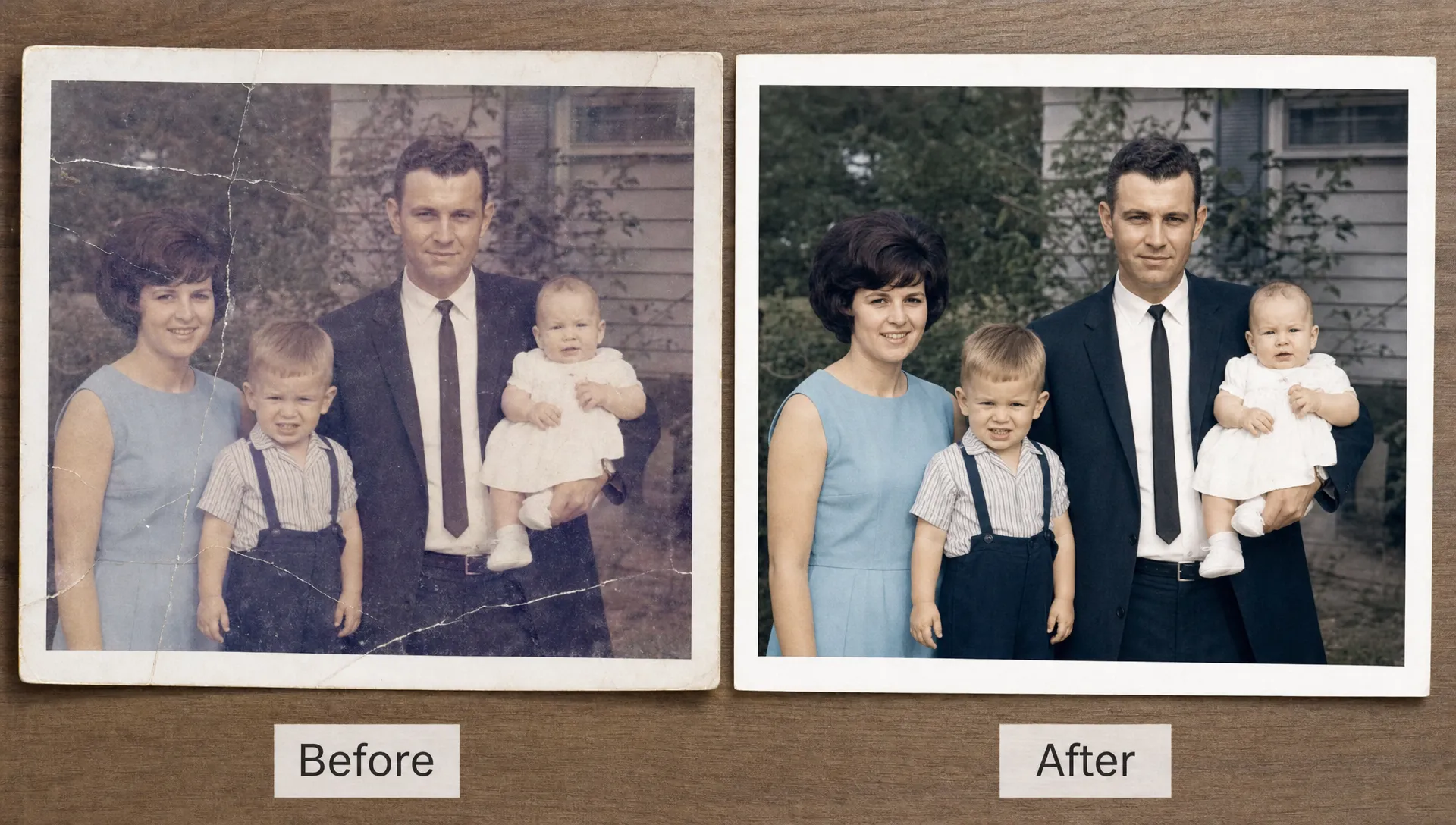 A family photo scan is shown beside a clearer restored version to illustrate fixing a bad scan online.
