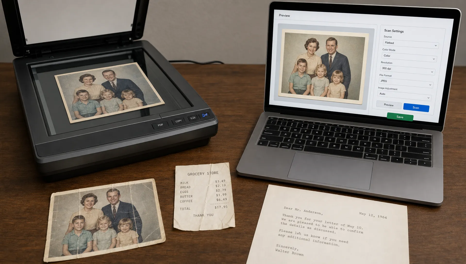 A flatbed scanner sits beside a faded family print, a receipt, and a typed document as a clearer preview is checked before saving.