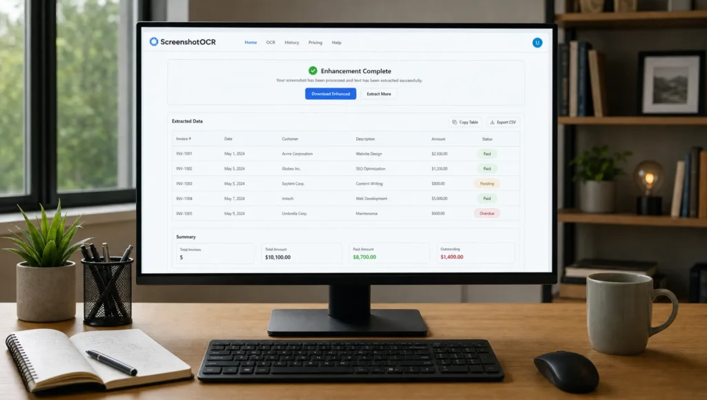 A home office monitor shows a sharpened screenshot with clearer text, buttons, and table lines.