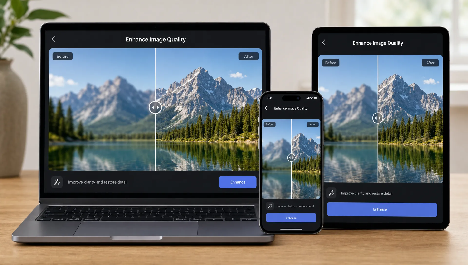 A laptop, phone and tablet show a before-and-after preview for enhancing image quality, with the clearer version on display.