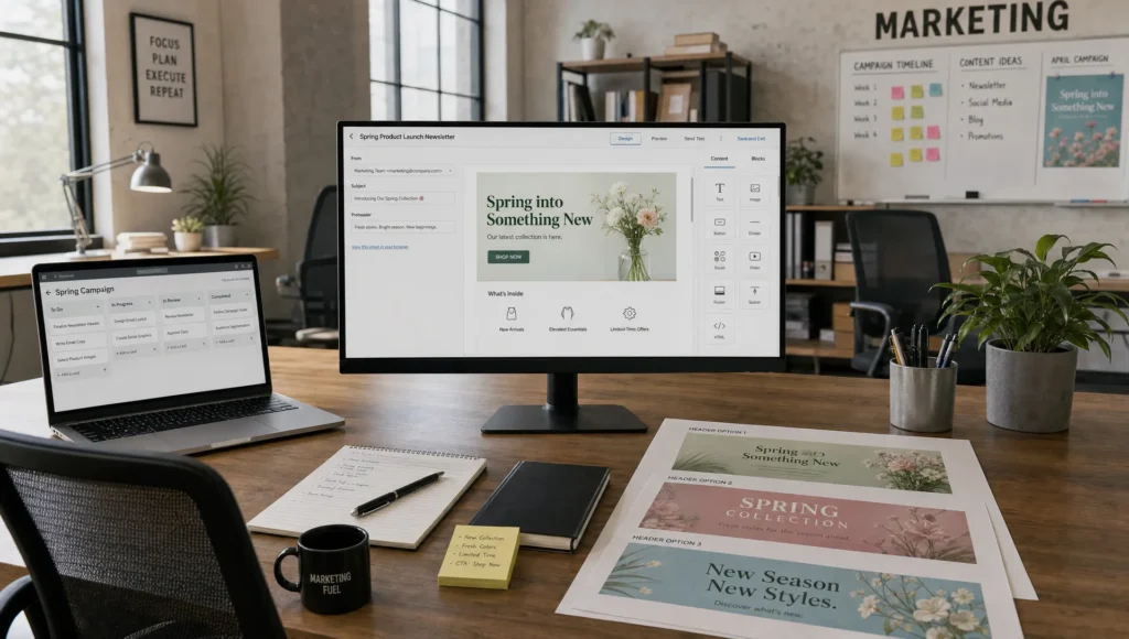 A marketing workspace shows an email newsletter draft on a monitor with header samples on the table.