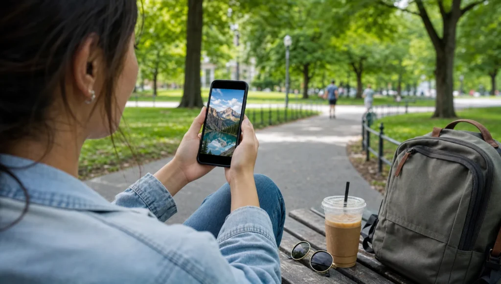 A person on a park bench checks a sharpened travel photo on a phone before sharing it.