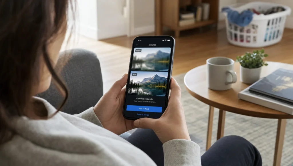 A person on a sofa uses a phone to sharpen a blurry photo before sharing it.
