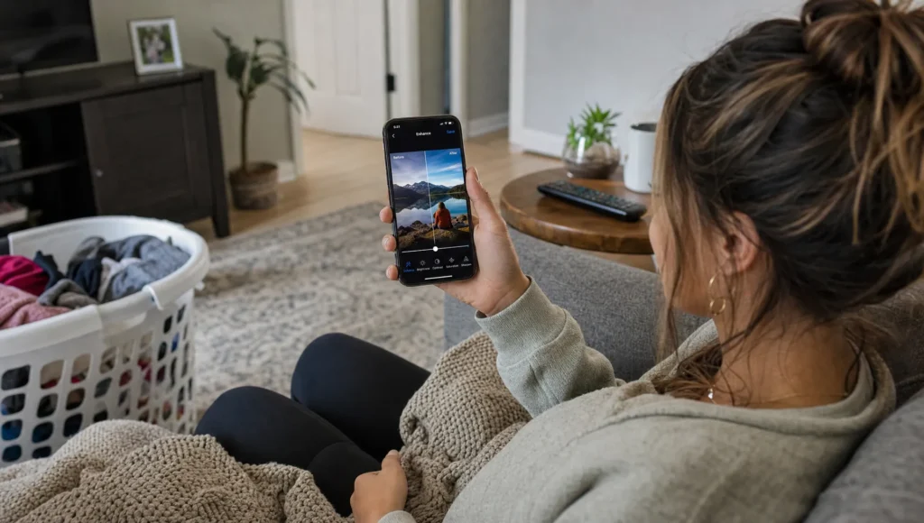 A person on a sofa uses a smartphone to improve a blocky social media photo in a casual living room.