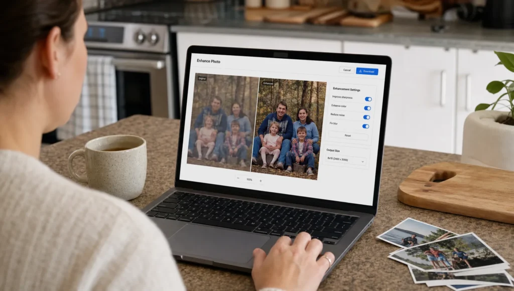 A person uses a laptop at a kitchen counter to sharpen a family photo before printing it.