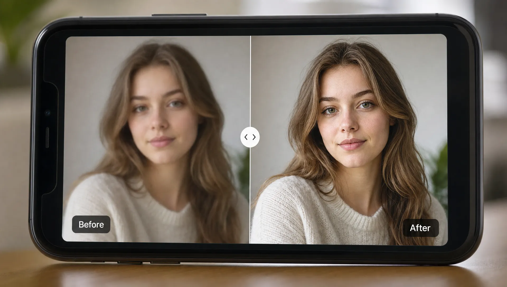A phone screen shows a soft portrait next to a clearer enhanced version, highlighting improved facial detail and hair texture.
