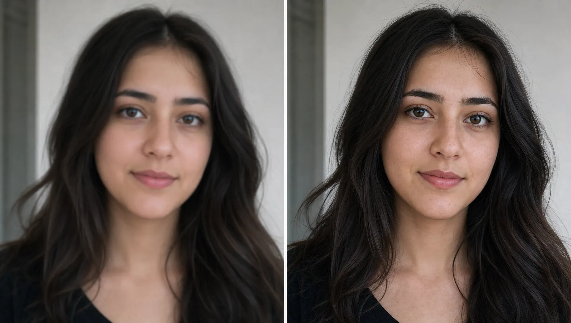 A portrait comparison shows a slightly blurry face beside a clearer version with natural skin texture and sharper hair strands.