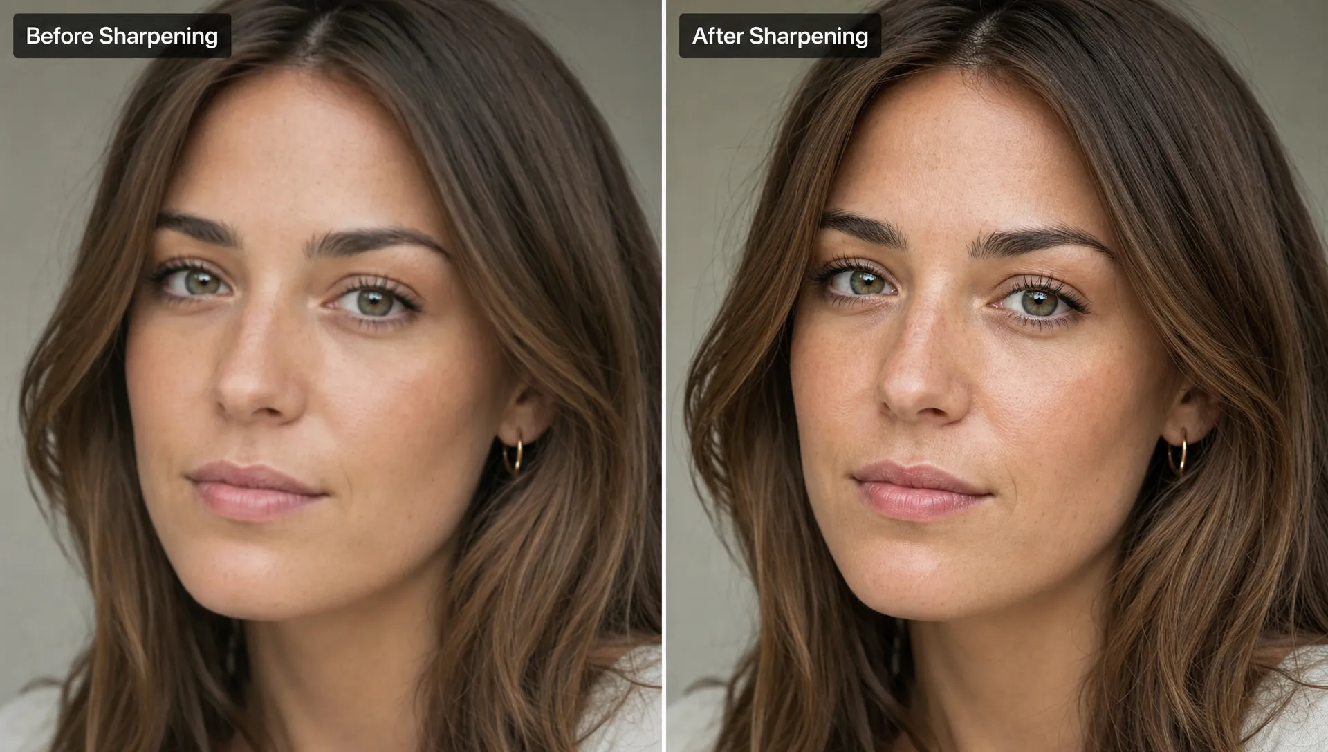 A portrait comparison shows clearer eyes, preserved skin texture, and cleaner edges after sharpening.