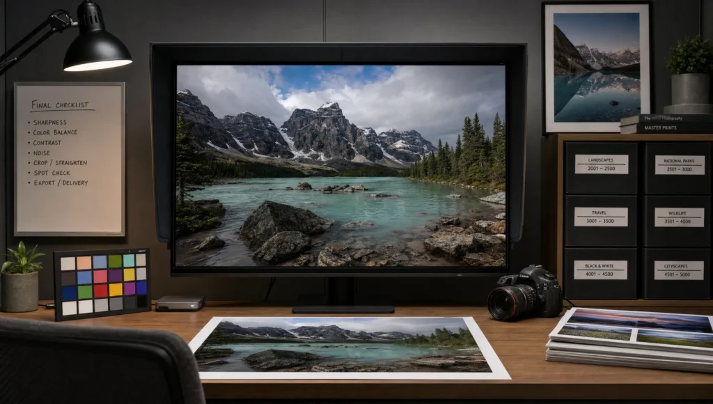 A print review studio with a monitor showing a sharpened client photo, a camera, and proof prints ready for deadline checks.