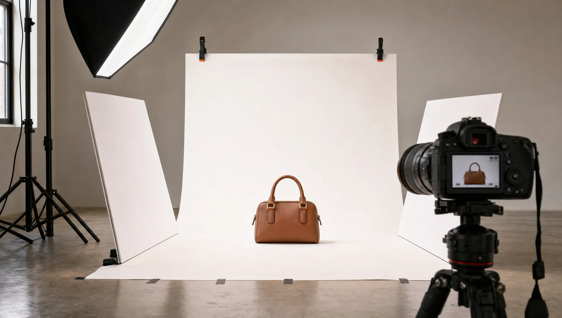 A product photo setup with a camera on a tripod, bounce cards, and tape marks around a centered item.