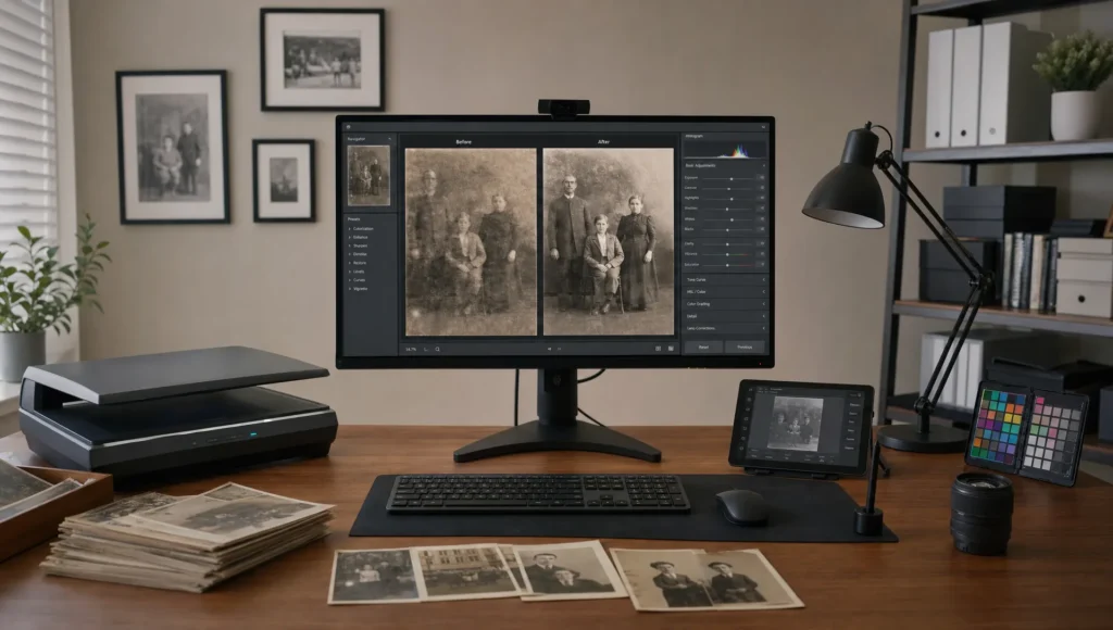 A quiet photo restoration studio shows a scanner, old prints, and an editing station for sharpening blurry photos.