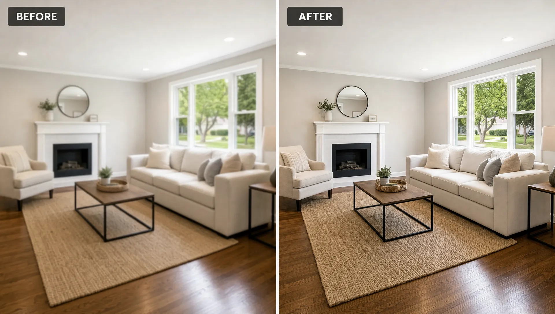 A real estate listing comparison shows a soft living room photo beside a clearer version with sharper furniture edges, window frames, and floor texture.