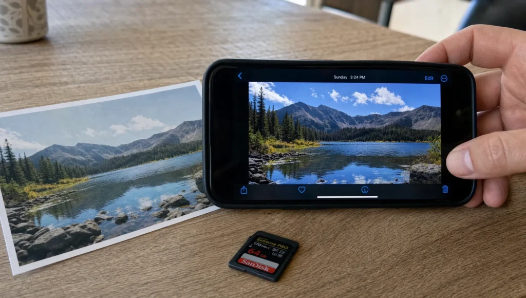 A smartphone and printed photo are compared while reviewing a sharper version on the screen for image enhancement.