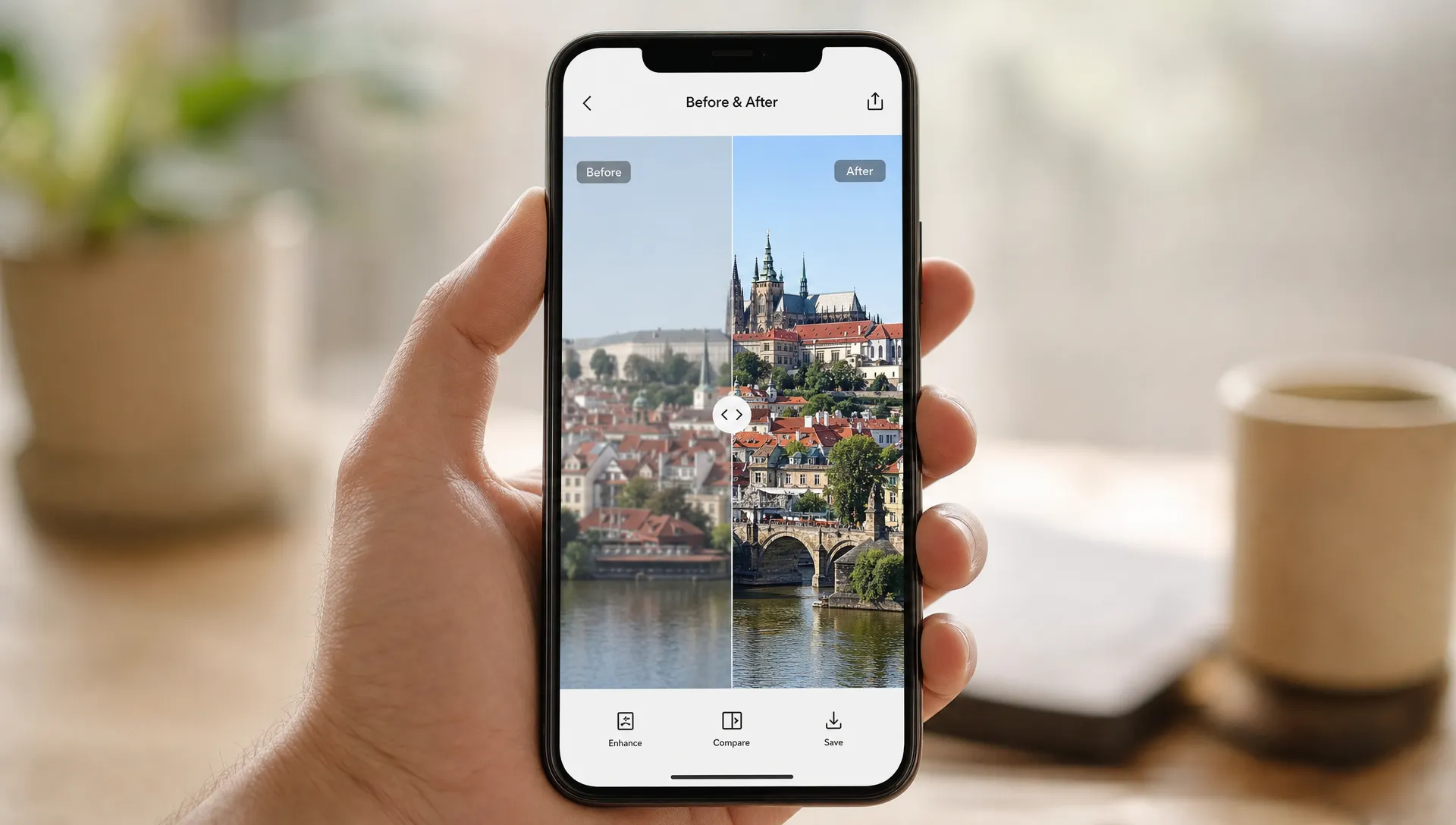 A smartphone shows a before and after preview of a travel photo with clearer buildings and trees.