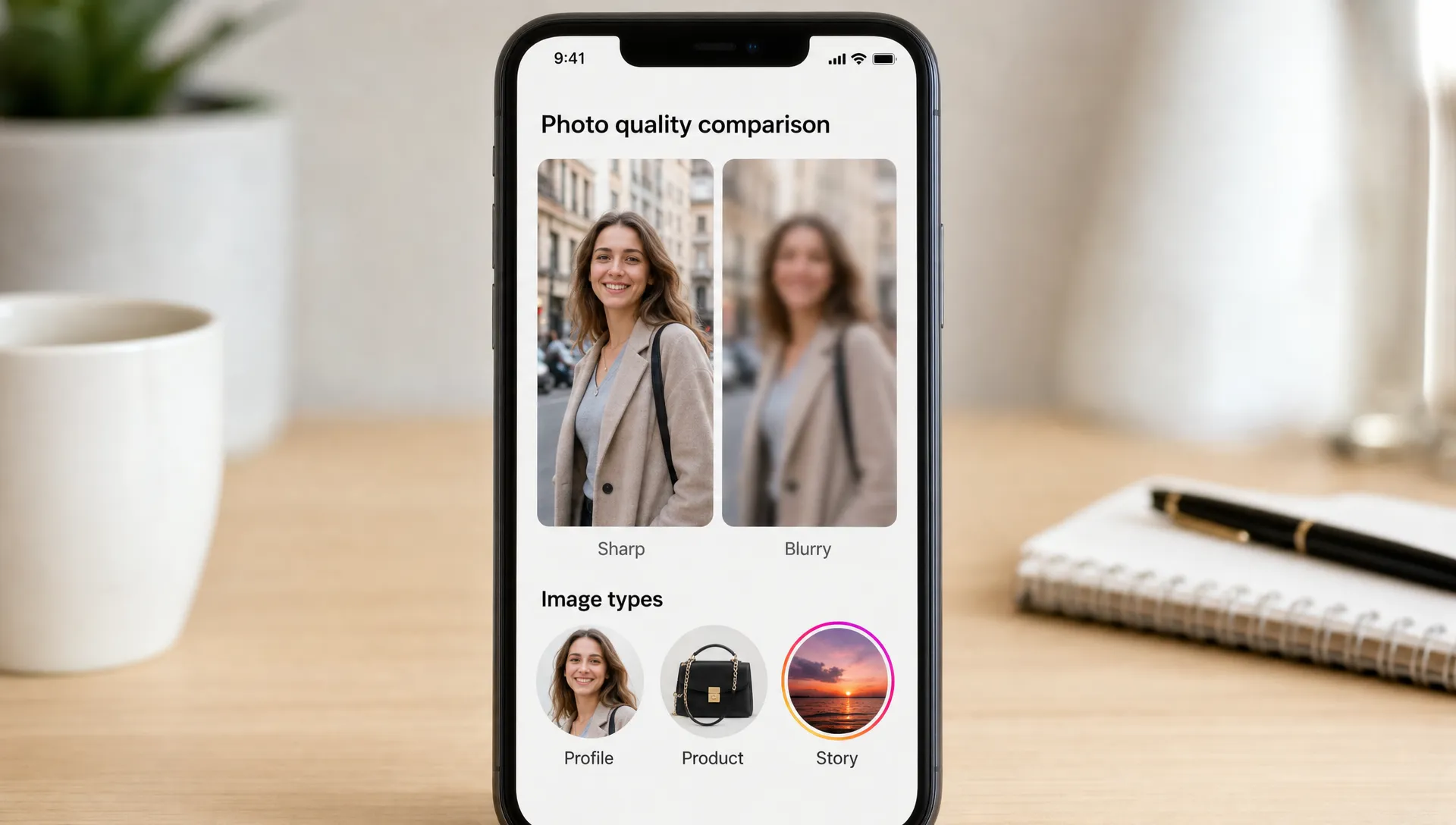 A smartphone shows sharp and blurry versions of a social media photo beside small profile, product, and story image icons.
