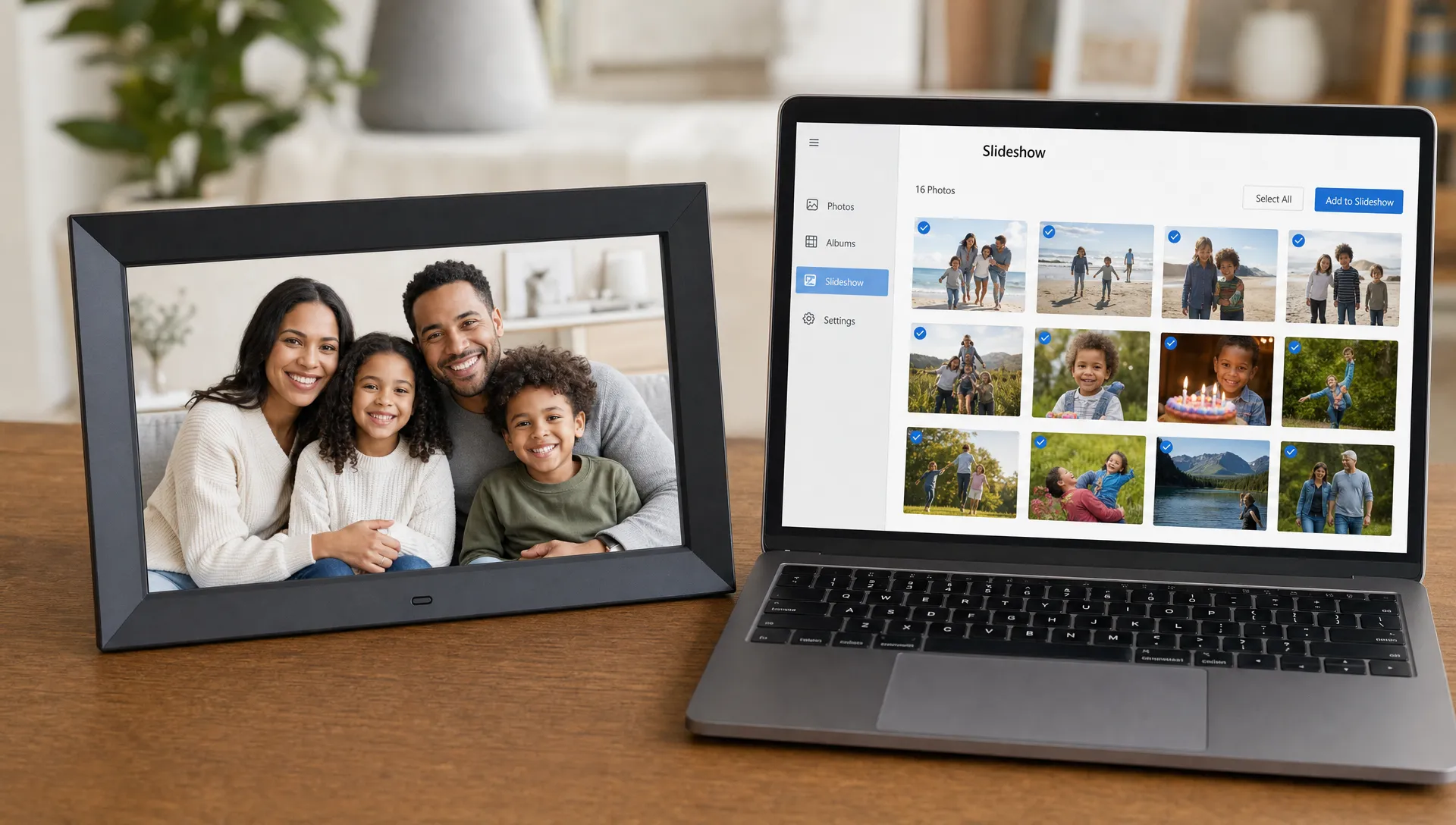 A tabletop digital photo frame displays a sharp family portrait beside a laptop with organized photos ready for a slideshow.