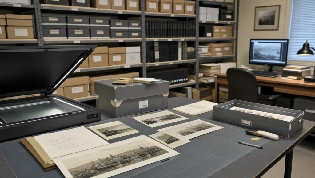 An archive room holds a scanner and old prints ready for sharpening scans and documents.